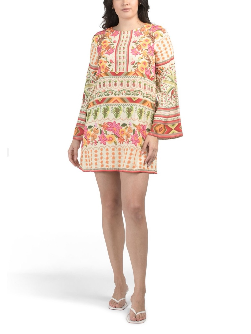 Celina Moon Bell Sleeve Tropical Floral Print Mini Dress, L
